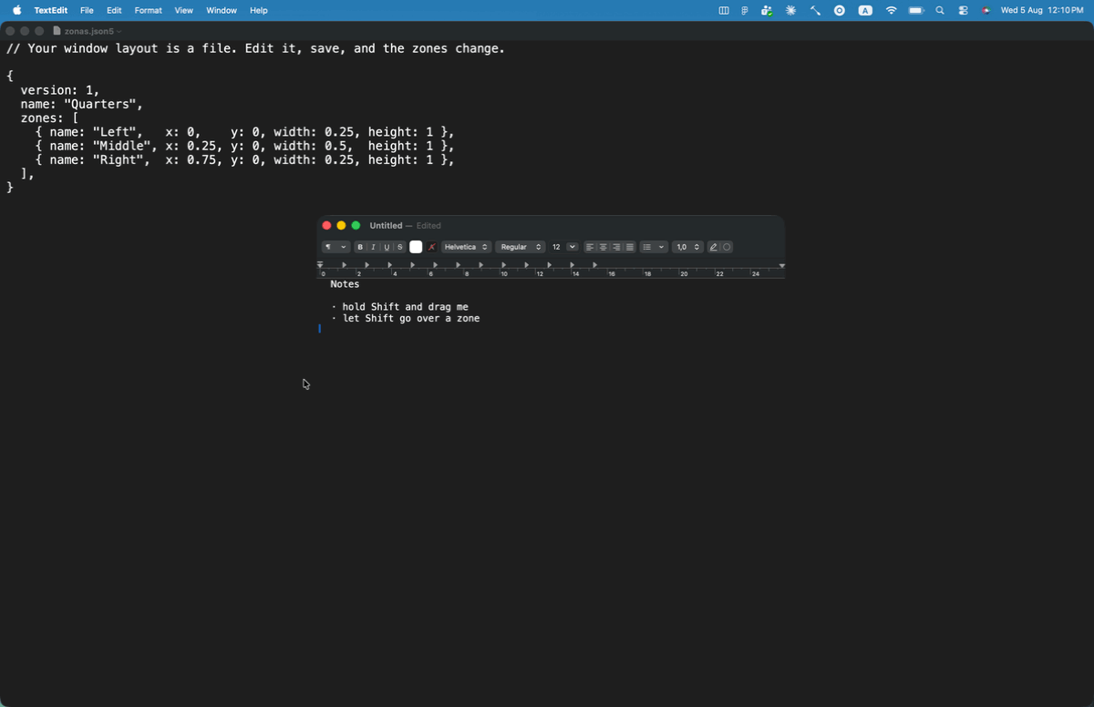 The layout file is edited from quarters to thirds and saved; the next window dragged with Shift snaps into the new third-width zone